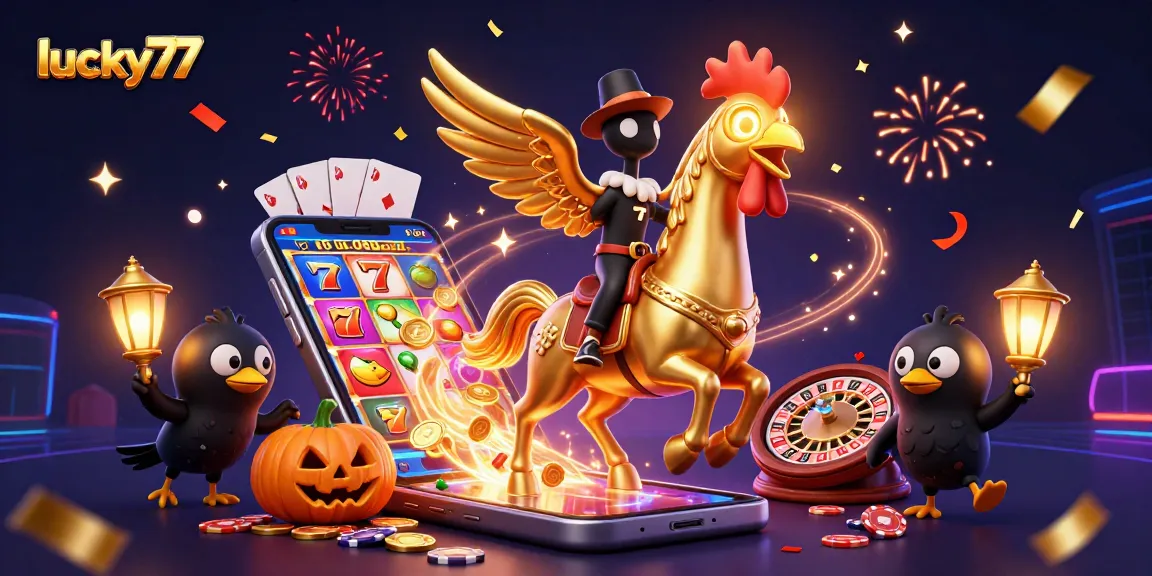 Experience thrilling moments with lucky77 in a vibrant casino scene featuring golden rooster and slot games.
