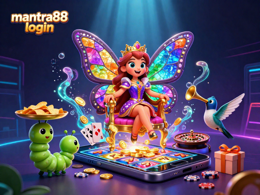 Join the fun with mantra88 login in this vibrant casino scene featuring butterfly queen and colorful games.