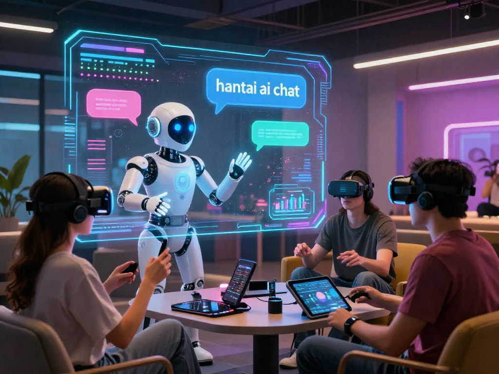 Dynamic scene of a futuristic avatar in an engaging hentai ai chat environment with immersive tech elements.