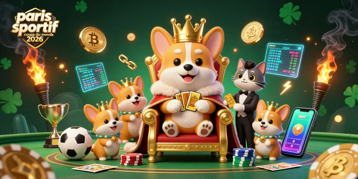 Pari sur le paris sportif coupe du monde 2026 avec un corgi royal entouré d'événements sportifs.