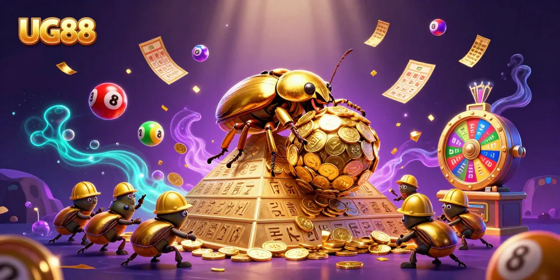 Engage in the excitement of UG88 as a golden beetle rolls coins with dynamic lottery action.