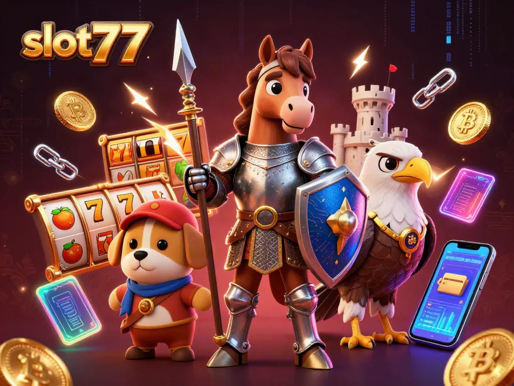 Menang besar di slot777 dengan simbol jackpot dan karakter kartun khas kasino.