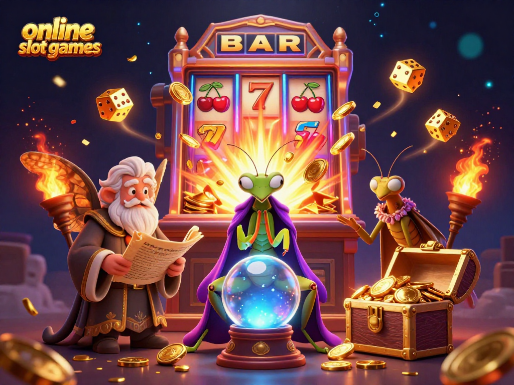 Engage with online slot games through vibrant 3D illustration featuring dynamic casino elements.
