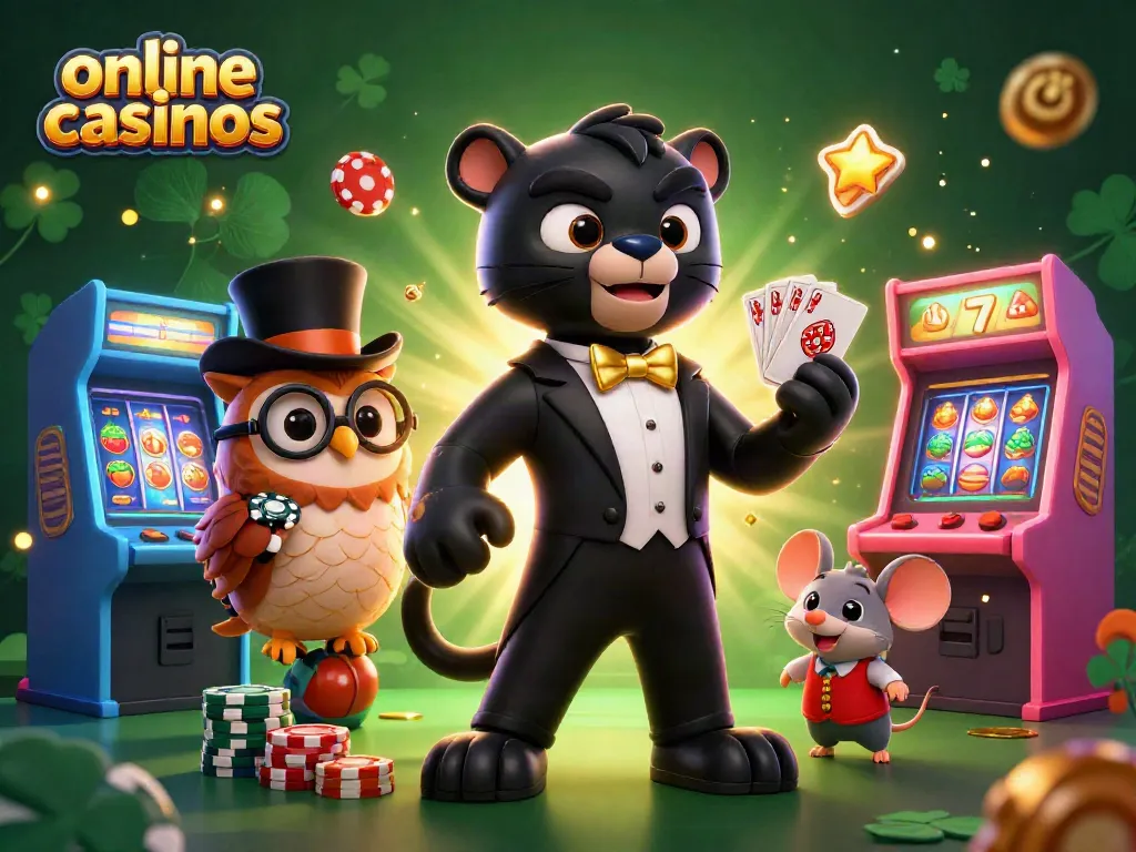 Engage with vibrant online casinos featuring a stylish panther, owl, and lucky mouse in action.