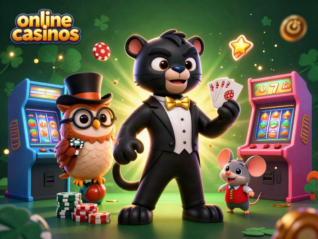 Engage with vibrant online casinos featuring a stylish panther, owl, and lucky mouse in action.