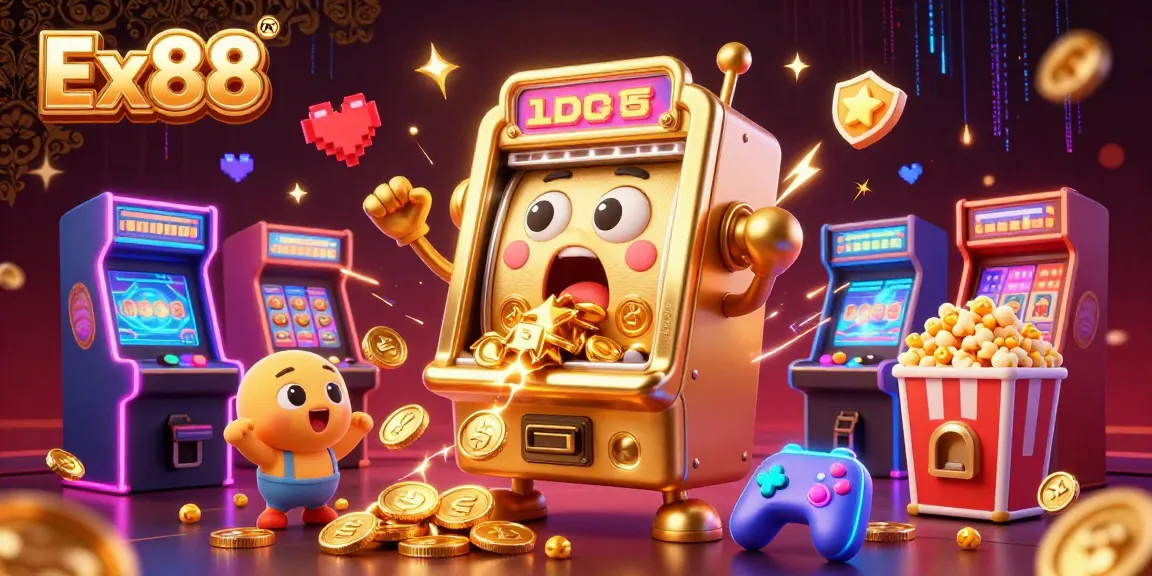 Ex88 slot machine hits jackpot, surrounded by cheering machines and golden coins.