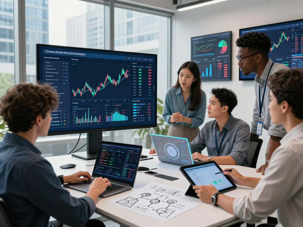 USDT0 specialists collaborating on cross-chain finance strategies using advanced technology in a modern workspace.