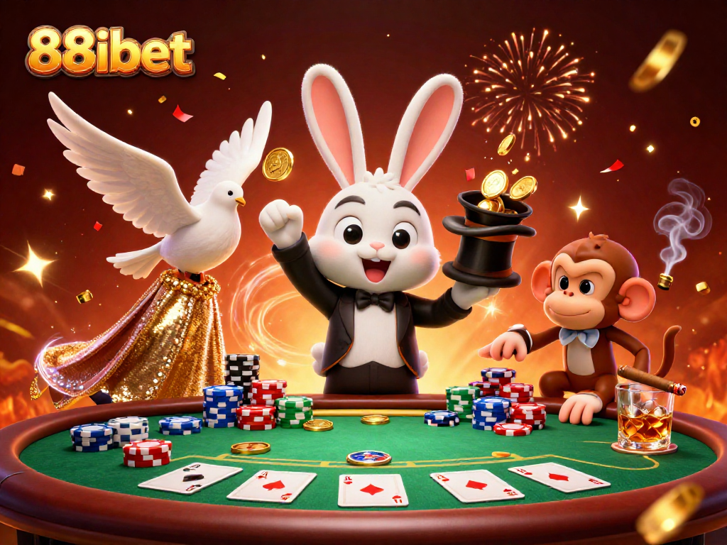 Engage with 88ibet in a lively casino setting featuring a magician rabbit and exciting poker action.