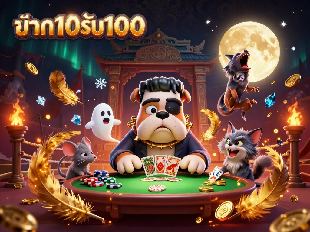 การ์ตูน 3D ฝาก10รับ100 กับสุนัขแฟรงเกนสไตน์ที่แจกไพ่ในบรรยากาศสุดสยอง โดยมีหนูผีลอยอยู่ด้านบนและแมวหมาป่าหอนที่พระจันทร์ทอง