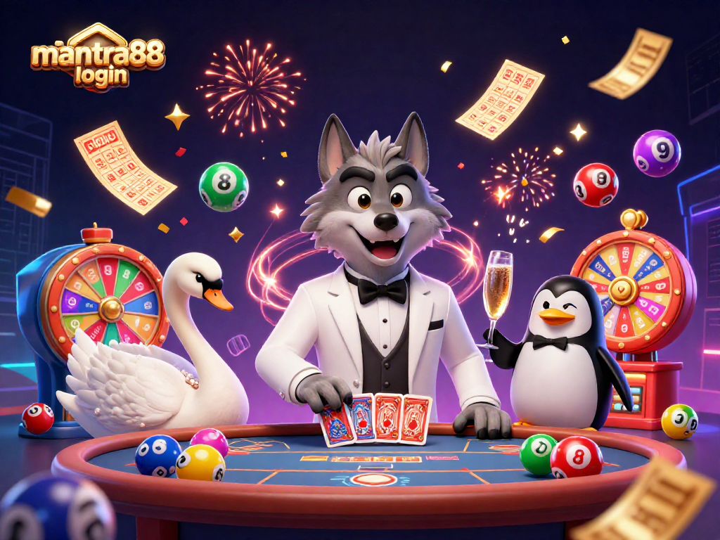 Join the fun at mantra88 login with colorful lottery balls, a stylish wolf, swan card dealer, and a sophisticated penguin sommelier.