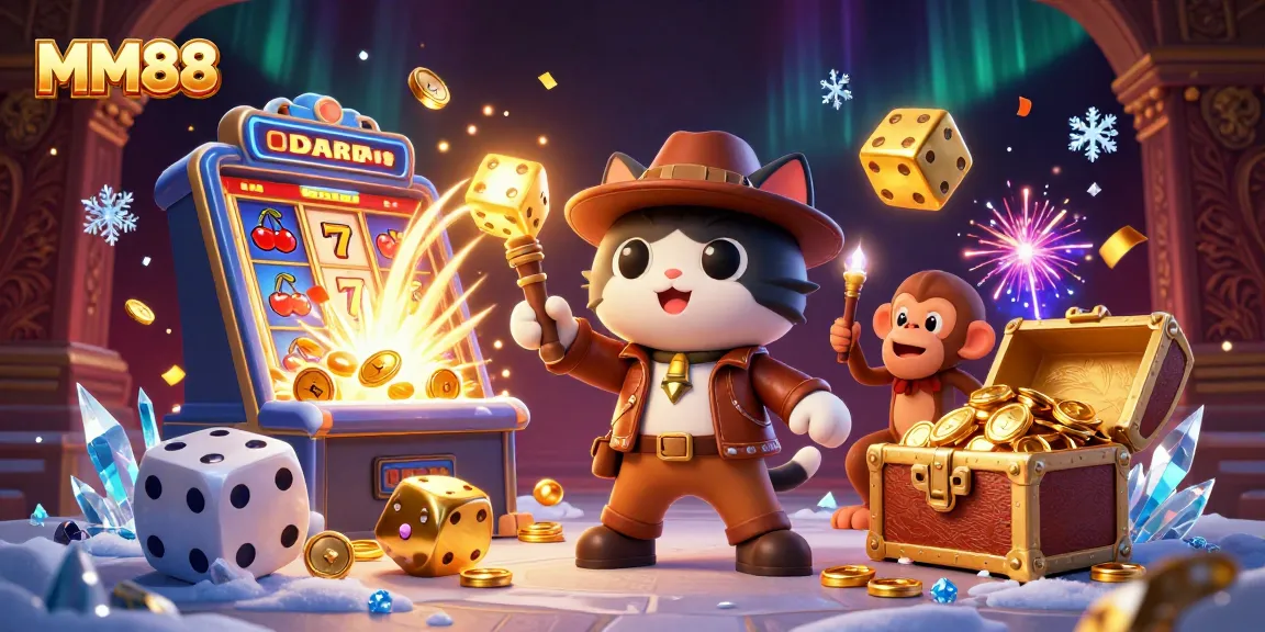 Experience MM88's vibrant casino adventure with an archaeologist and a monkey in this dynamic scene