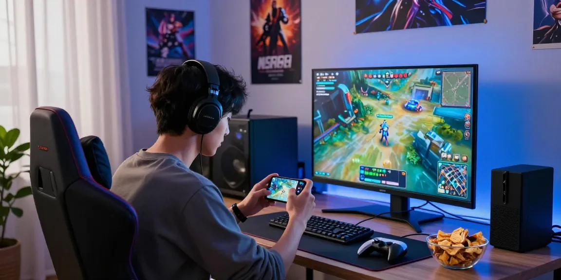 Engaging MANTRA88 login scene showcasing a gamer immersed in mobile gameplay with vibrant graphics in a cozy, well-lit environment.