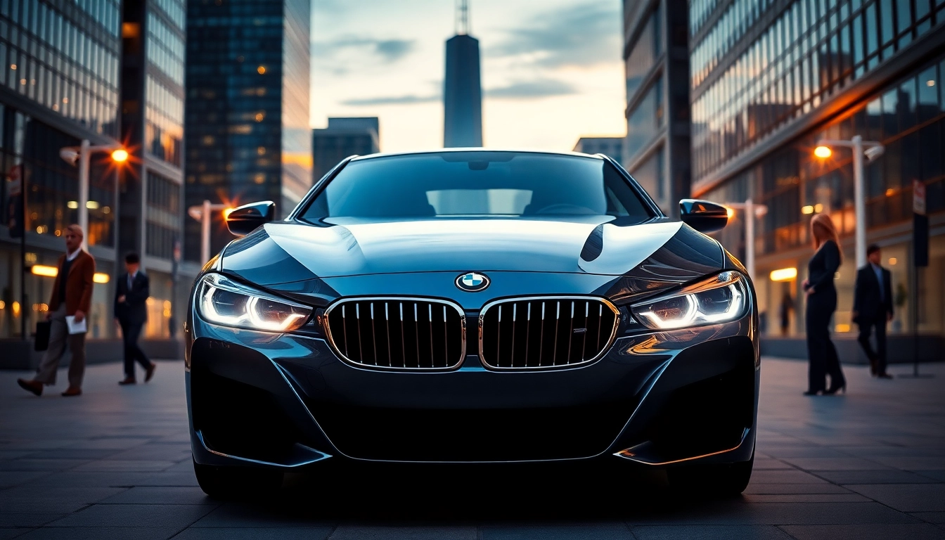 Revealing a luxury BMW car with sleek design amidst a glimmering urban landscape.