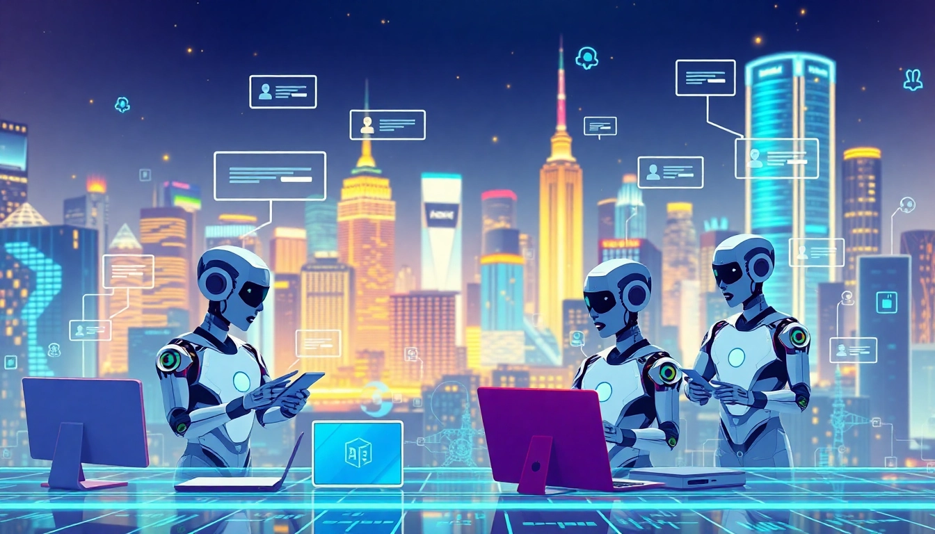 Visual representation of Ai agents interacting in a futuristic digital environment with vibrant cityscape.