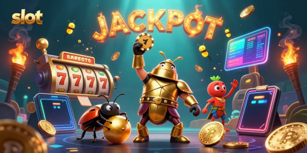 Experience thrilling slot gameplay with cartoon characters celebrating a jackpot in vibrant casino art.
