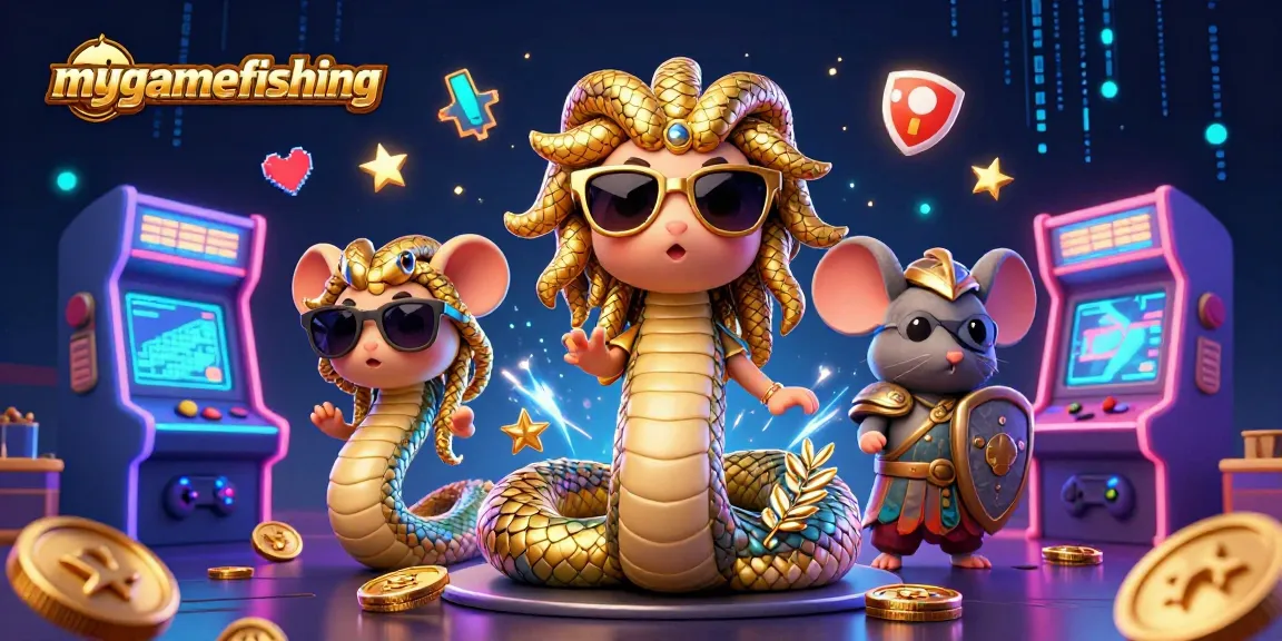 Experience the thrill of mygamefishing with a colorful casino arcade scene featuring Medusa and a warrior mouse.