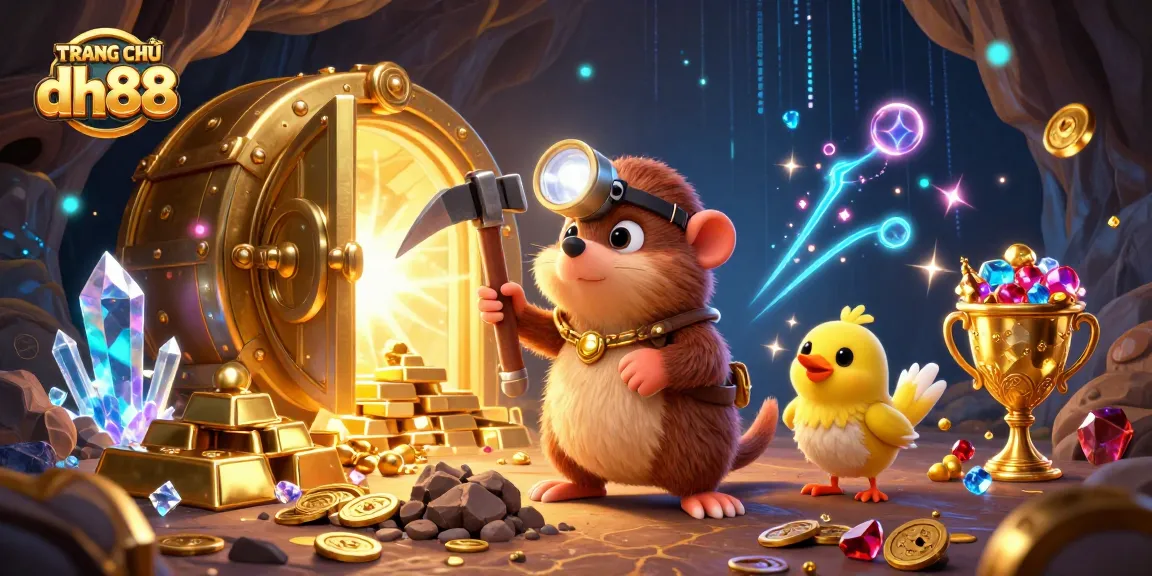 Experience treasure-hunting excitement at TRANG CHỦ dh88 with glowing gems and vibrant casino elements.