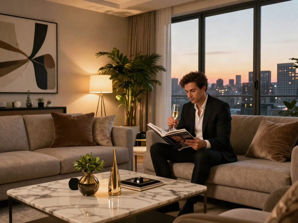 Suasana mewah dengan elemen kenyamanan dan gaya hidup luxury111 di apartemen modern.