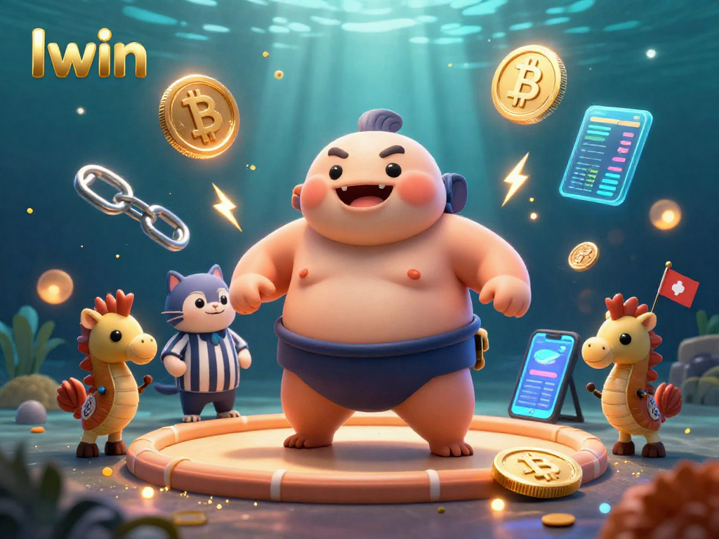 Iwin's underwater casino scene featuring a fugu, catfish ref, and seahorses with crypto elements.
