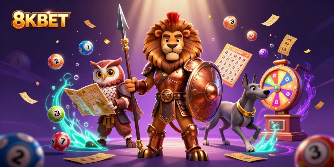 8KBET showcases an exciting lottery scene with a Spartan lion, owl strategist, and greyhound amidst colorful game elements.