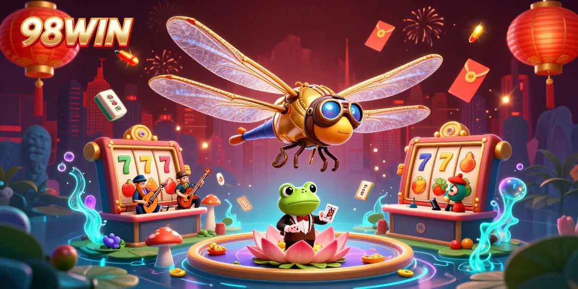 A vibrant 3D illustration showcasing 98WIN casino elements, featuring a dragonfly pilot, frog croupier, and slot games, capturing the essence of online gaming excitement.