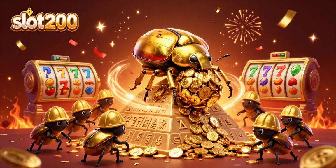 Spin to win with slot200's vibrant scene of golden beetles, coins, and dynamic slot themes.