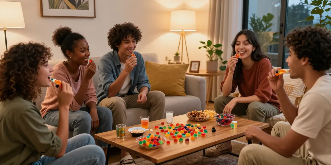 Buy THC gummies in a cozy living room setting with friends enjoying Delta 9 gummy cubes.