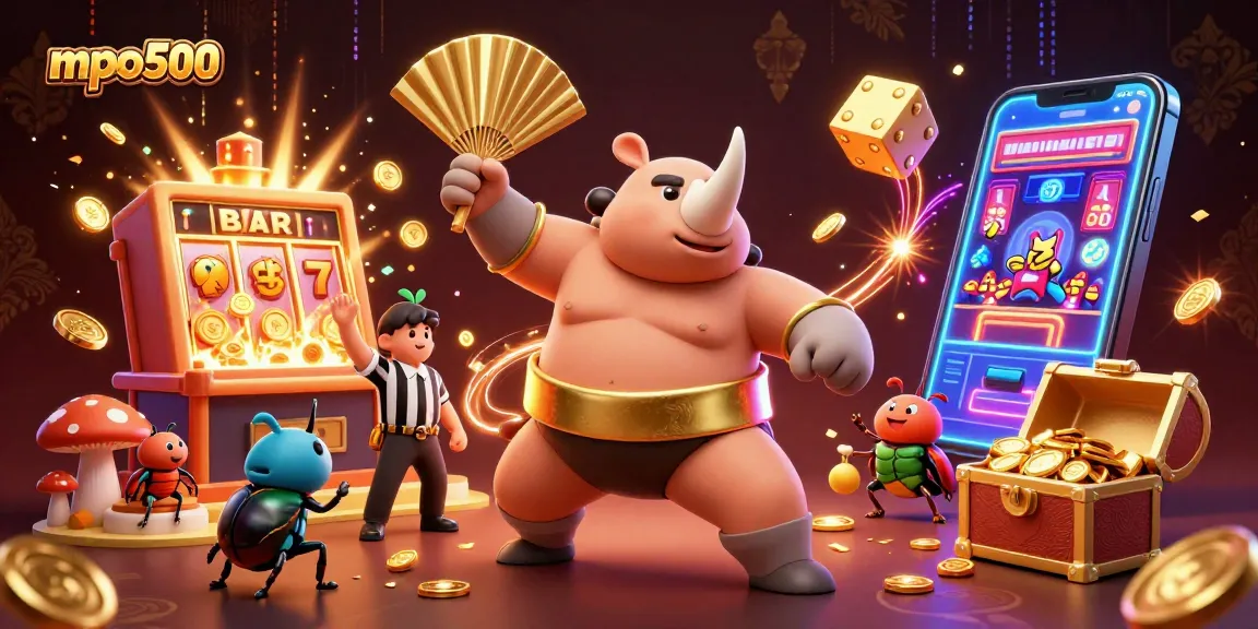 Experience mpo500's thrilling slot gameplay with a rhinoceros beetle champion amidst explosive jackpots.