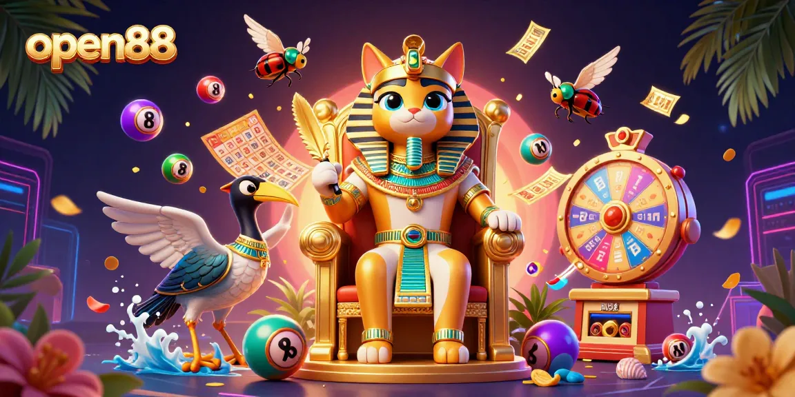 Win exciting prizes at open88 with a vibrant 3D illustration of a classic casino scene featuring lottery games.
