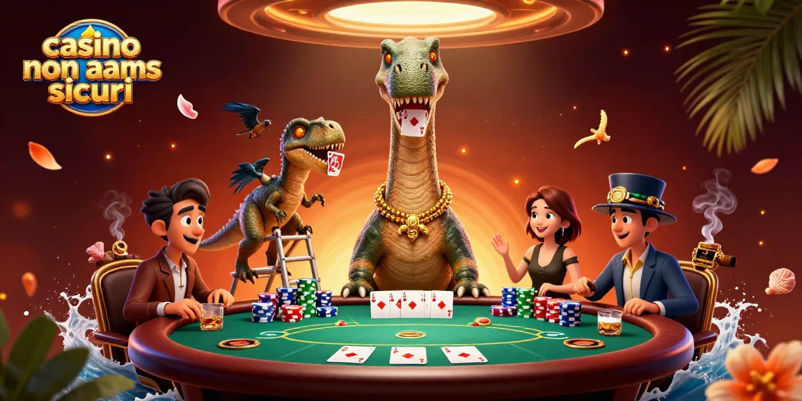 Scopri i divertenti bonus nei casino non aams sicuri con un brontosauro che controlla il tavolo da poker.