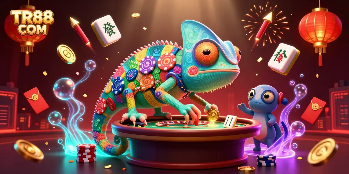 Win big at TR88 COM with a vibrant scene featuring a chameleon casino owner and dynamic gaming elements.