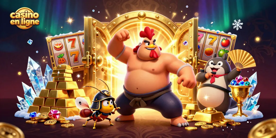 Casino en ligne : Illustration animée pétillante avec un sumo, un criquet samouraï et un tanuki entourés de trésors
