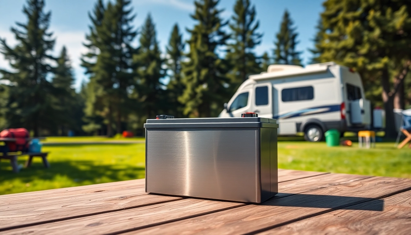 Showcasing lithium RV batteries on a picnic table, enhancing campsite experiences.