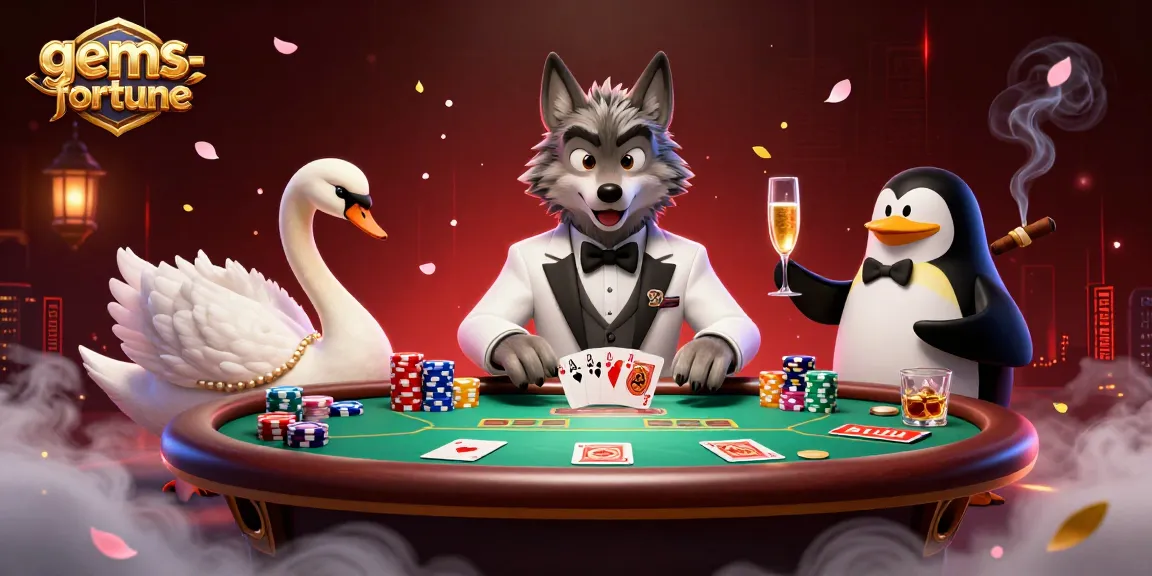 Experience gems-fortune at a luxurious baccarat table with charming characters and vibrant casino elements.