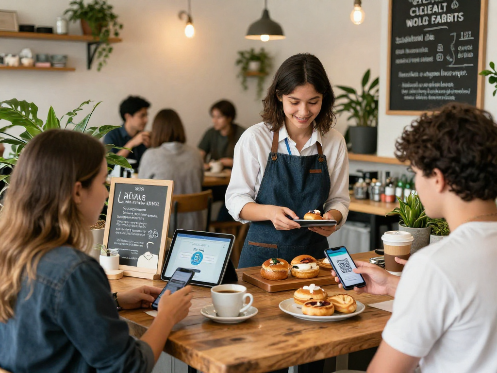 Small business owner demonstrating a loyalty app to customers in a lively cafe setting, enhancing engagement and retention.
