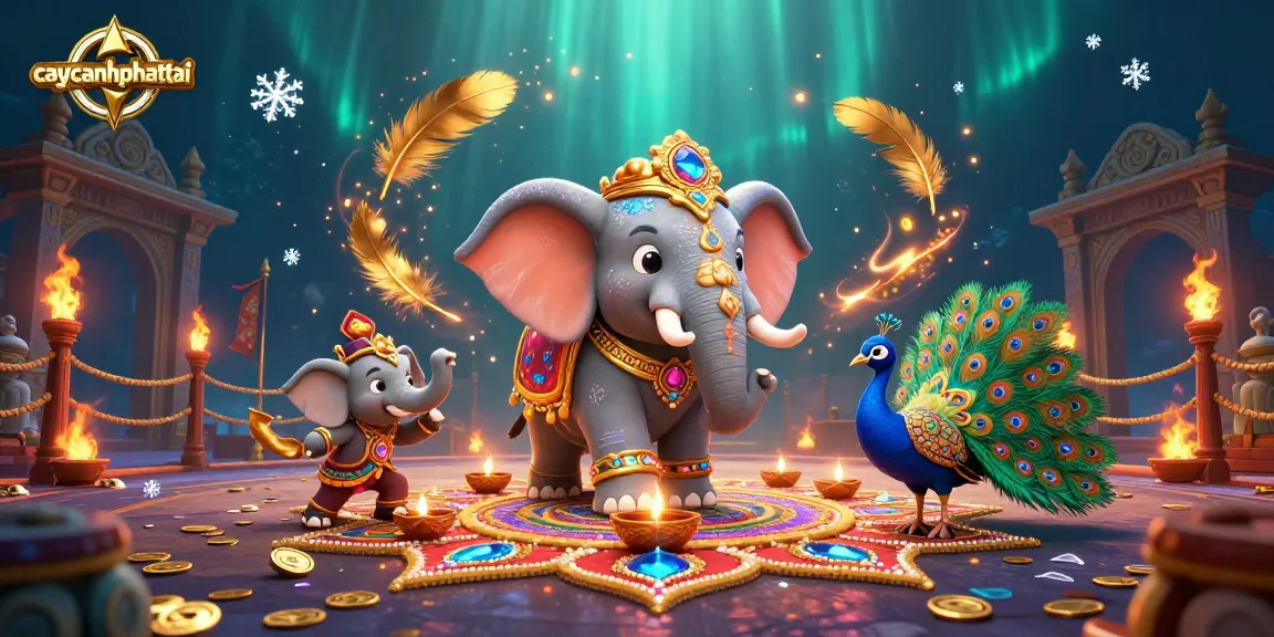 Experience exciting gameplay with caycanhphattai's vibrant 3D elephant and peacock, amidst gold coins and swirling energy.