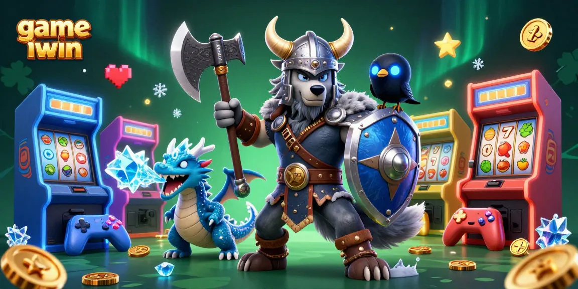 Engage with game iwin as a Viking wolf warrior conquers slots, surrounded by vibrant casino elements.