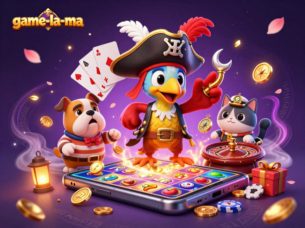 Win big with game-la-ma in this vibrant 3D scene featuring a pirate captain, bulldog, and cat navigating their slots adventure.