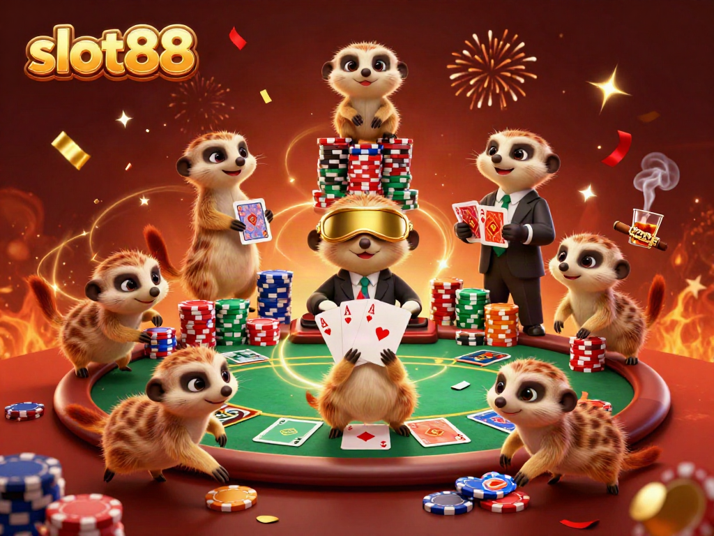 Experience slot88 excitement with a vibrant scene of meerkats in an animated casino environment.