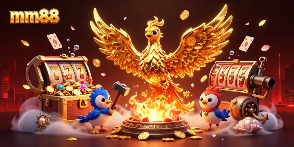 Play dazzling games like mm88 with a molten golden phoenix pouring coins amidst spinning slots.