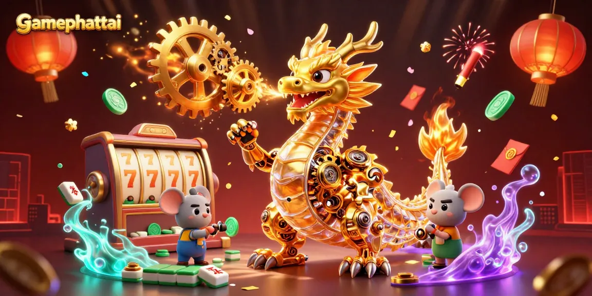 Experience gamephattai with a thrilling 3D illustration of a golden dragon amidst vibrant casino elements.