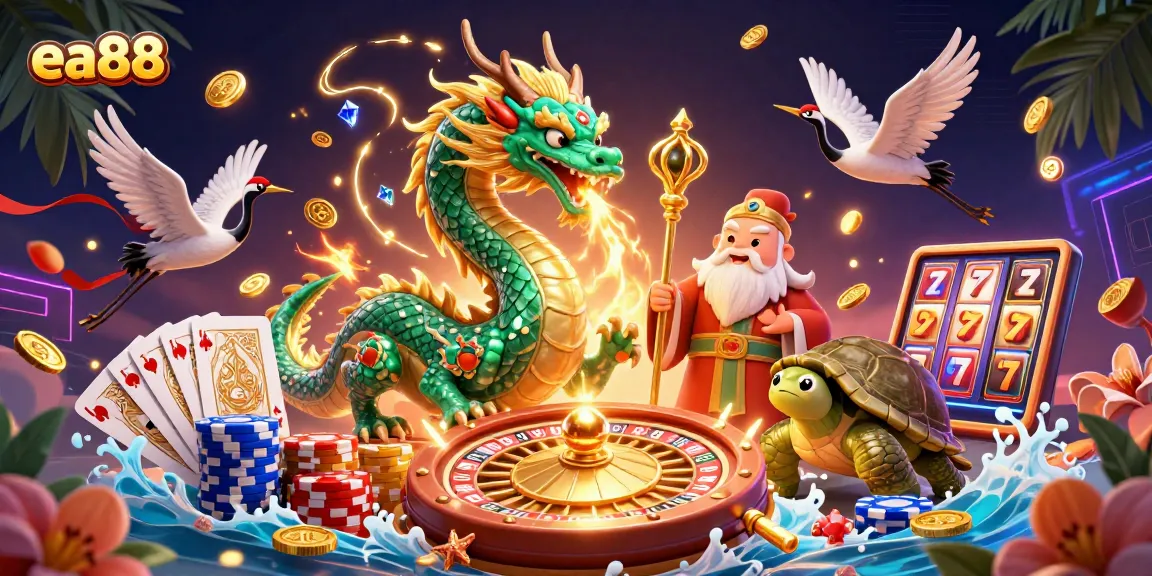 Experience the thrill of ea88 with a vibrant 3D illustration of a dragon, turtle, and cranes surrounded by casino elements.