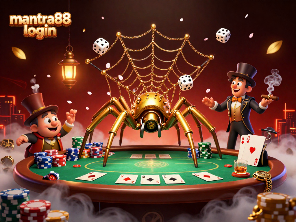Experience the excitement of mantra88 login in this dynamic steampunk casino scene featuring a golden spider and poker action.