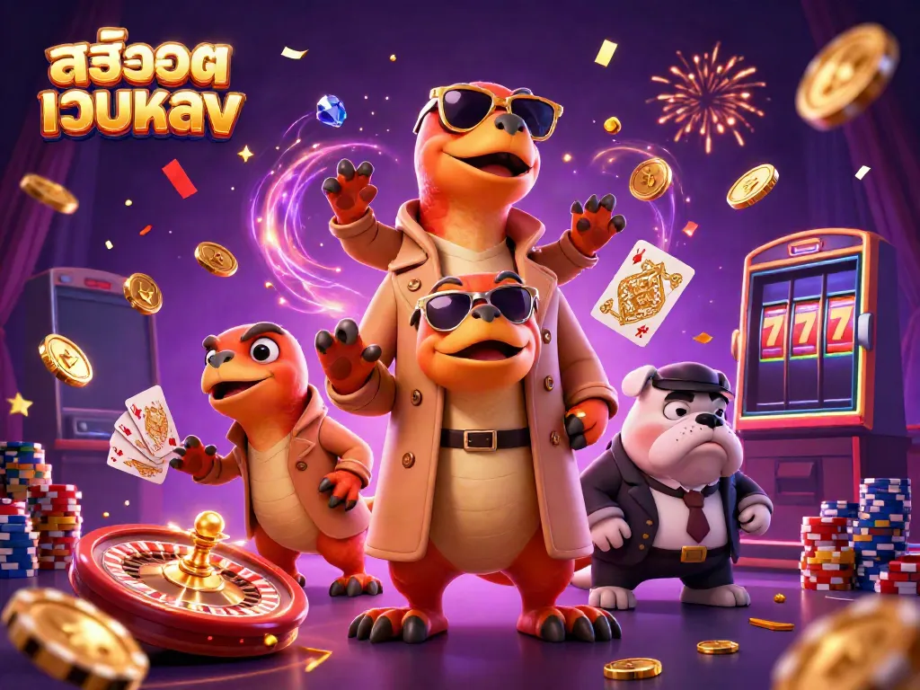 Witness three raptors in a trench coat entering a VIP casino lounge amidst cascading coins and celebration elements in this สล็อตเว็บตรง themed illustration.