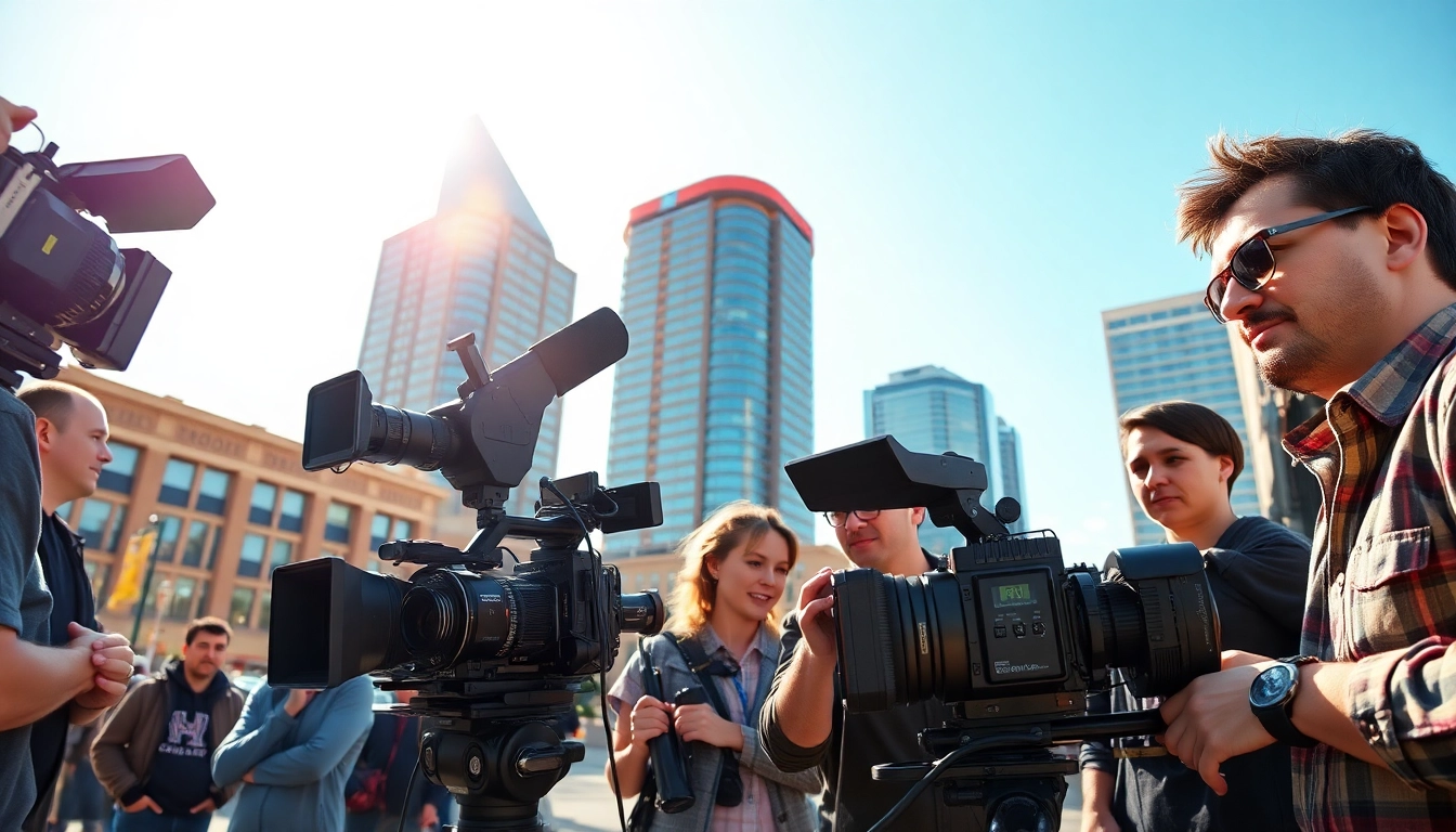 Edmonton production companies capturing dynamic scenes with film crew in a vibrant city atmosphere.