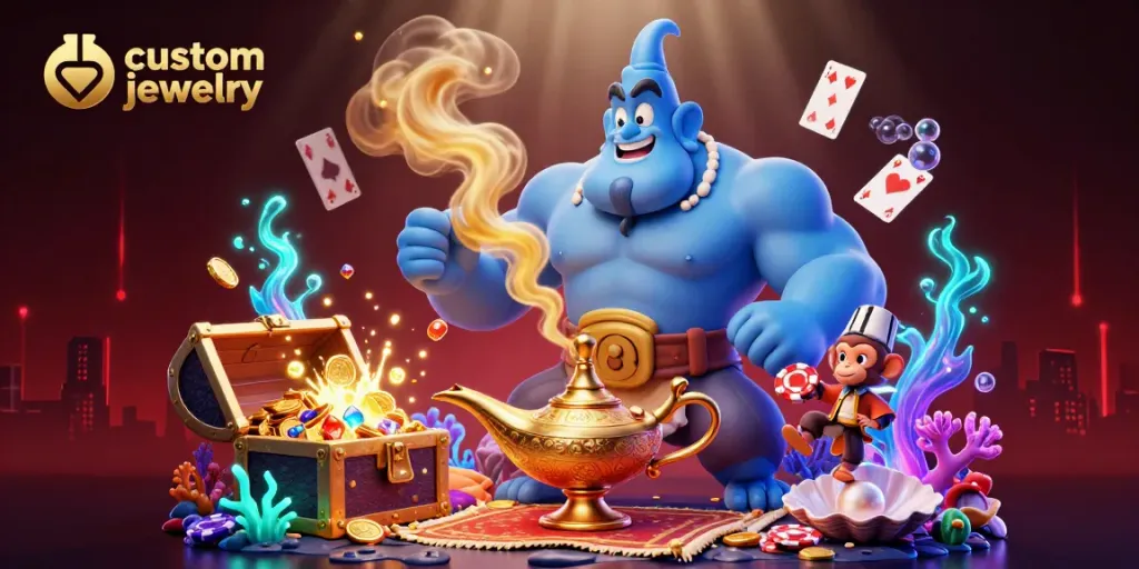 Experience stunning custom jewelry designs amidst a vibrant casino adventure with floating poker chips and magical elements.