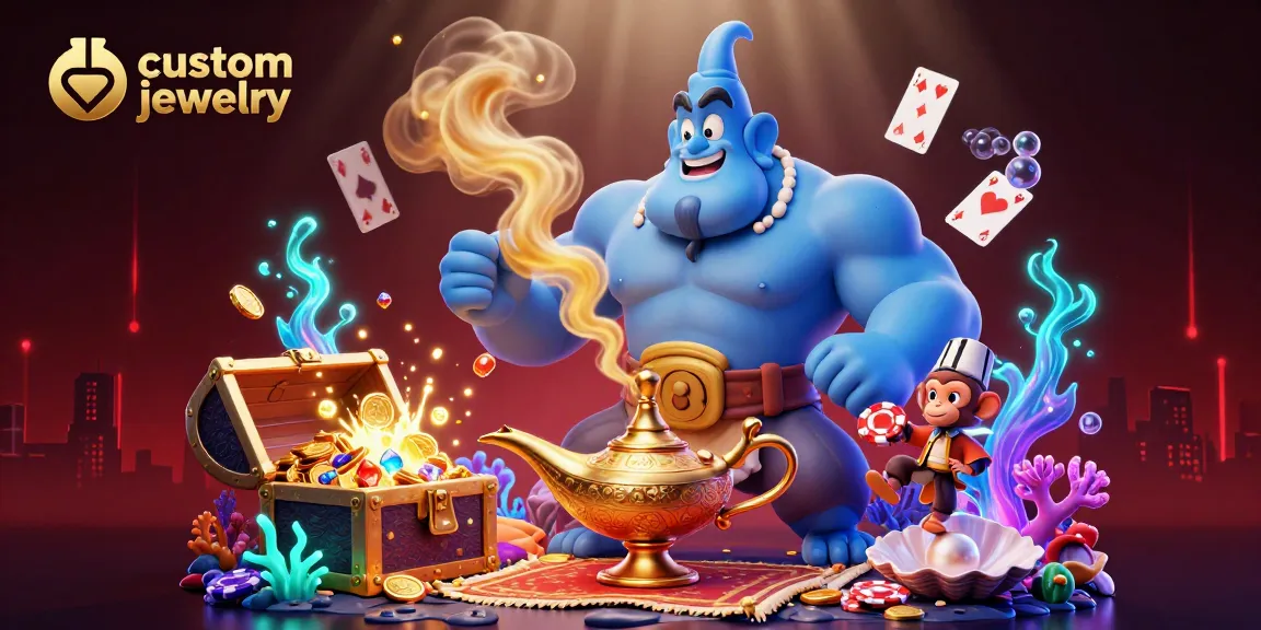 Experience stunning custom jewelry designs amidst a vibrant casino adventure with floating poker chips and magical elements.