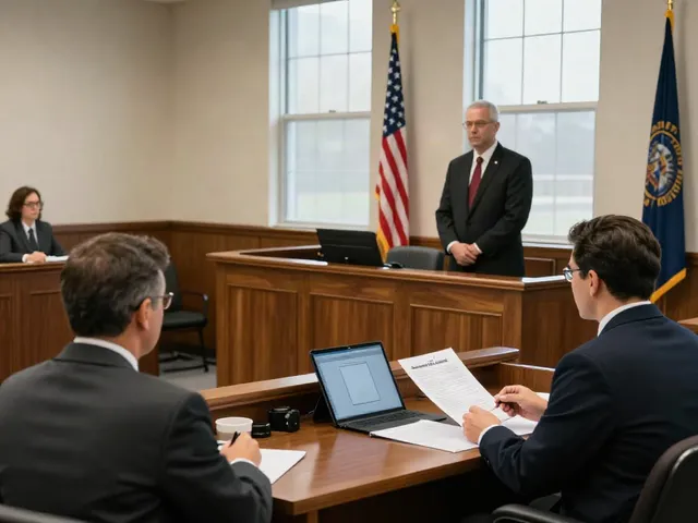Courtroom scene depicting a Cherokee County DUI court trial, showing a judge, defendant with attorney, and engaged audience.