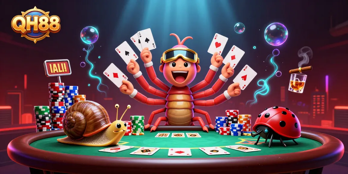 Experience QH88’s thrilling atmosphere with a millipede dealer and chip-stacking snail in a vibrant poker scene.