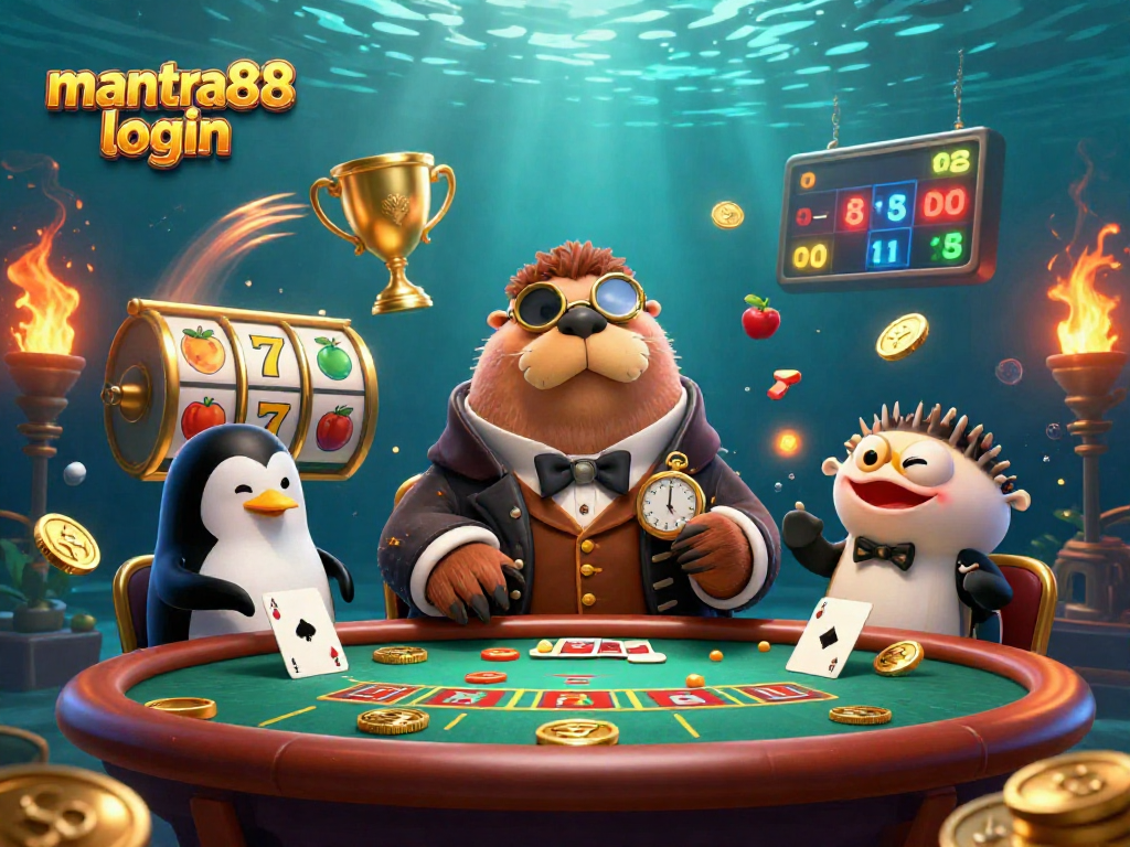 Engage in thrilling gameplay with mantra88 login at a vibrant underwater poker table featuring animated characters.